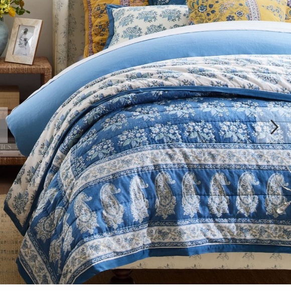 NWT Pottery Barn Regan Blockprint Blue Reversible Full/Queen Quilt AND 2 Shams - Picture 1 of 11